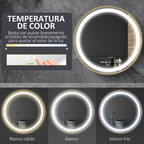Badrumsspegel, LED-lampa, Touch-kontakt, Guld