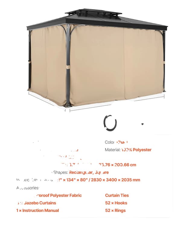VEVOR Gazebo Gardiner, Fyrsidig Design, Hållbart Polyester Material,12ftx10ftx6.7ft