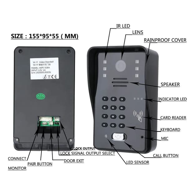 Video dörrtelefon intercomsystem, LCD-skärm, fjärrkontroll för upplåsning
