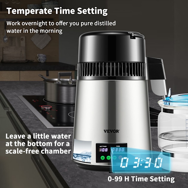 Hem Vattendestillator - 1.1 L/tim, Temp-/Tidsinställning & Torrbränningskydd - Touchskärm, Snabb Värmeavledning & Konstant Tillförsel Silver
