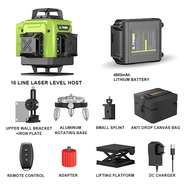 4D Laser Niveau 16 Linjer, Selvnivellerende, 4800mAh Lithium Batteri,4D 16Linjer 4D 16Lines 4D 16Lines