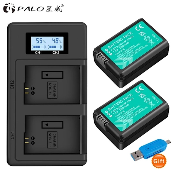 Sony NP-FW50 batteriskift, kompatibel med Sony Alpha 7, A7R, A3000, A5000, A6000, NEX-5N, NEX-5C og A55., 2 batteri og oplader 2battery and charger