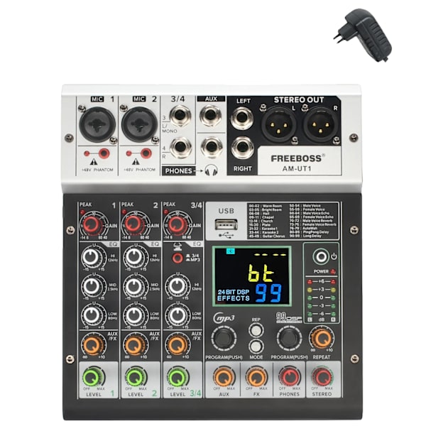 Mixningskonsol, 4 kanaler, 99 DSP-effekter,EU PLUG