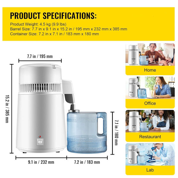 Gedestilleerd Water Machine, 4L Capaciteit, 750W Vermogen, Roestvrij Staal