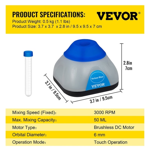 Lab Mini Vortex Mixer - 3000/6000 omdrejninger pr. minut, 6mm orbital diameter, énhånds trykfunktion 3000RPM Blue Grey