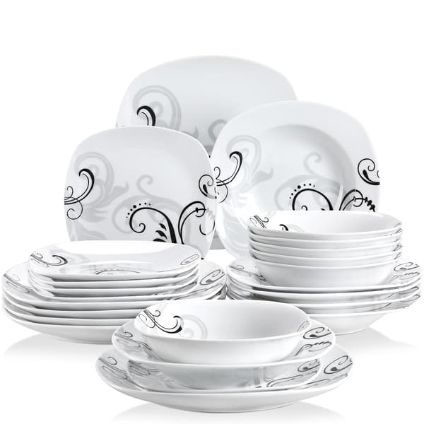 Porcelænsservice, Blomsterdesign, Firkantet Form, 24-DELE