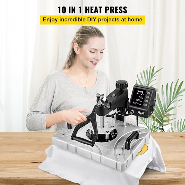 8/10 i 1 Varmepresse Maskine - 30x38 cm, 360° Svingbart Design, LCD Digital Skærm & Justerbar Trykknap 10-in-1 Black
