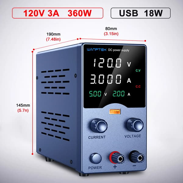 DC Strømforsyning, Justerbar Spænding, USB Interface, GA1203L 120V 3A