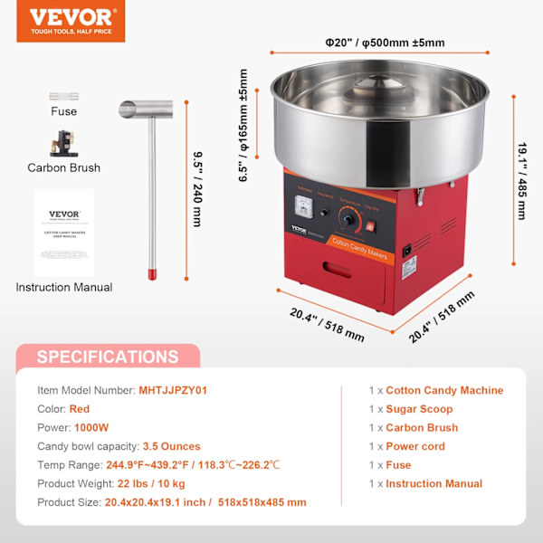 VEVOR Bomuldskandismaskine, 1000W Effekt, Justerbar Temperaturkontrol,Rød Red Red