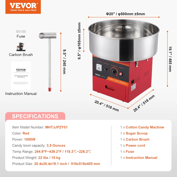 VEVOR Bomullsgodismaskin, 1000W Effekt, Justerbar Temperaturkontroll,Röd Red Red