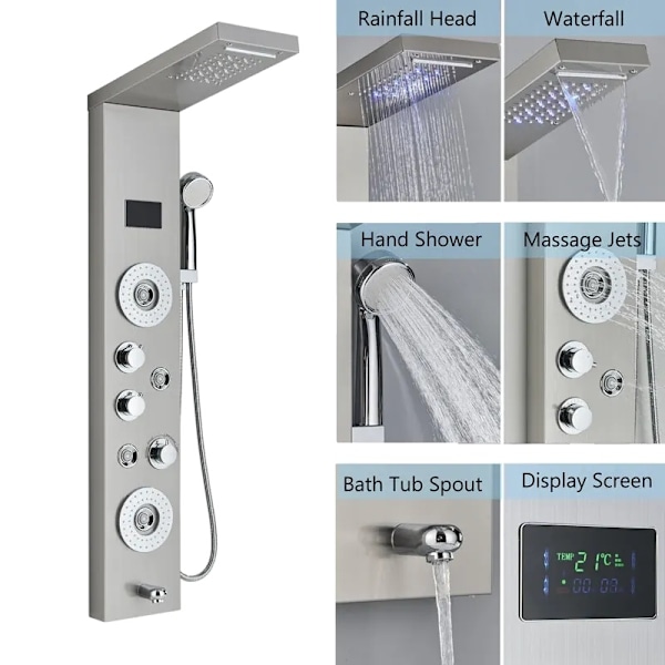 LED Brusepanel med 5 tilstande, Digital Temperaturvisning, Messingkrop,Børstet 8006 Brushed 8006 Brushed 8006