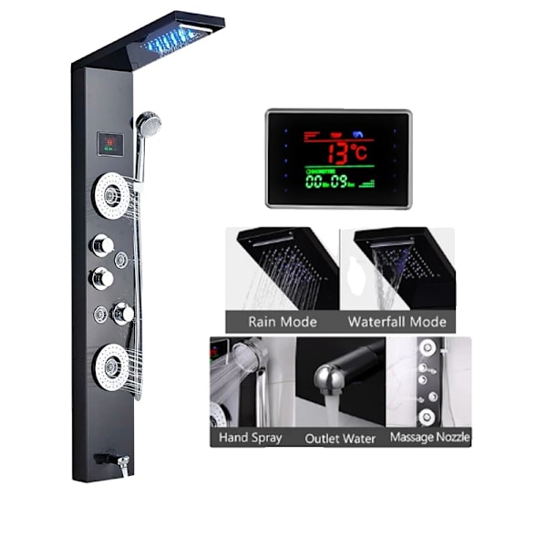 LED Brusepanel, Vandfaldsregn, Digitalt Display, Sort 8006