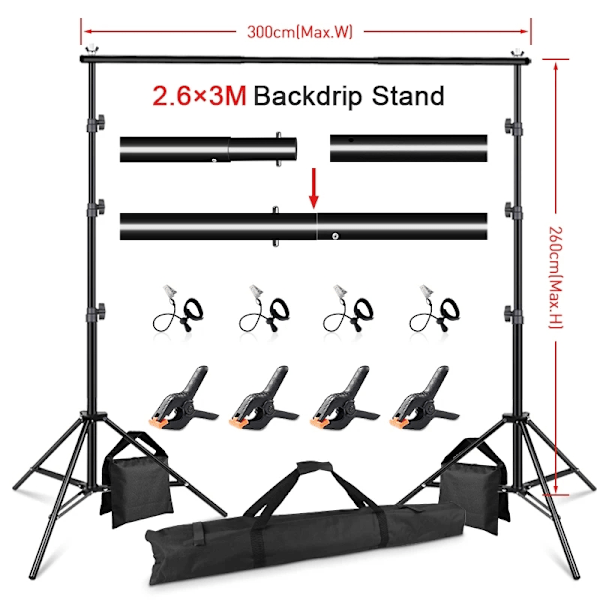 Valokuvaustausta-teline, säädettävä teleskooppinen, alumiiniseosrakenne,2,6x3m tausta 2.6x3M Background 2.6x3m background