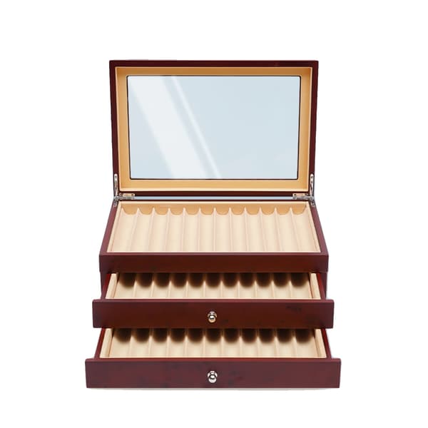 Pen Display Case, 34 Slots, Trækonstruktion, Fløjlforing, 3-lags Design, Hængslet Låg