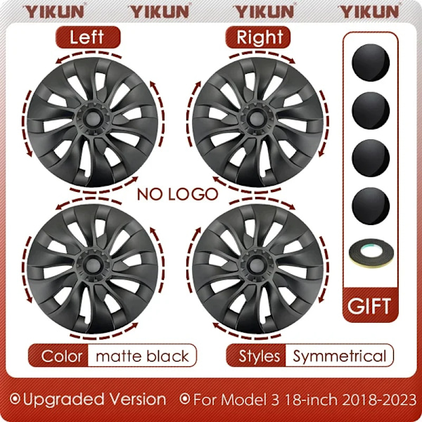 Tesla Model 3 Navkapslar, 18 tum, Aerodynamiskt Symmetriskt Design,4 stycken mattsvarta 4PC matte black 4PC matte black
