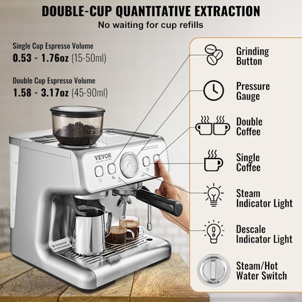 Espressokone sisäänrakennetulla jauhatuslaitteella, 15 baarin paine, nopea lämmitys.