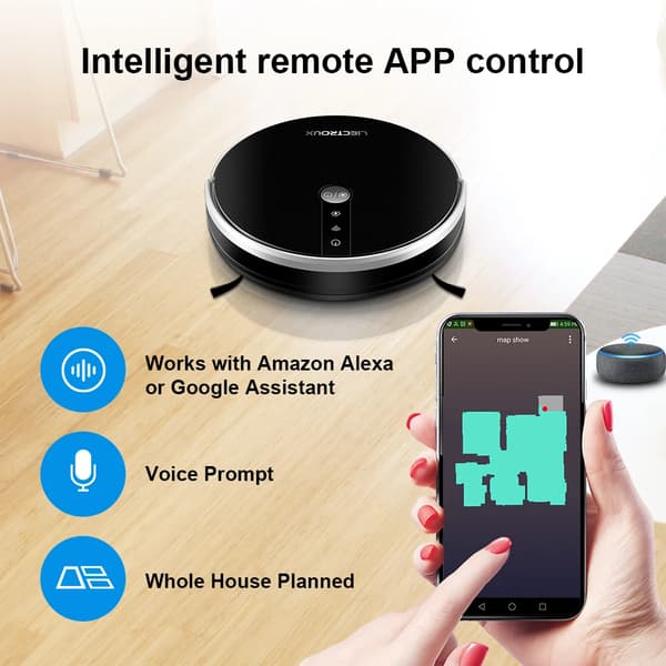Robotstøvsuger, 2D Kortnavigation, Smart App Kontrol, Sort-a