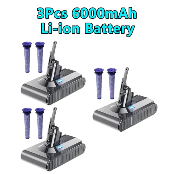 6000mAh batteri til V8, Li-Ion type, inkluderer 2 filtre, 3Pcs 6000mAh