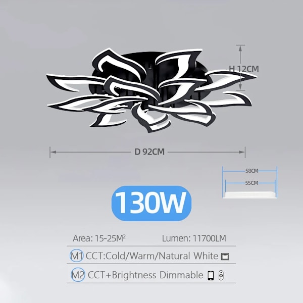 130W Modern LED Taklampa, Justerbar Färgtemperatur, Hög Luminositet 11700LM,svart black