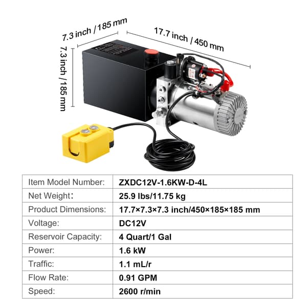 Hydraulinen pumppu, 12V DC virtalähde, luotettava nostoteho, 4 Quart