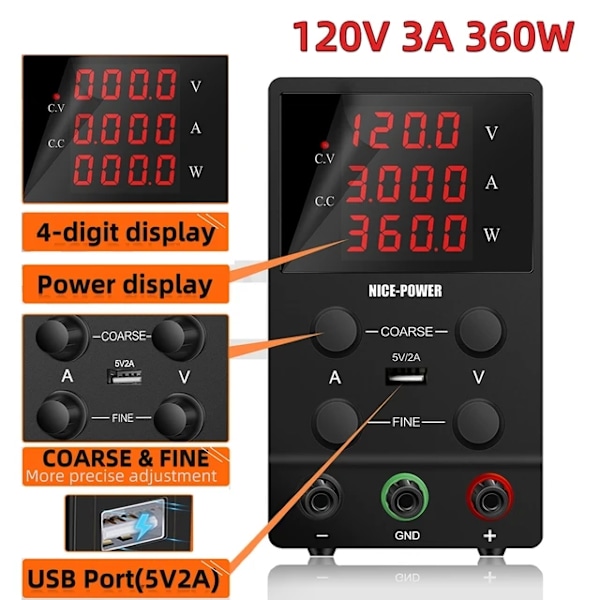 Laboratorie strømforsyning, justerbar spænding, stabiliseret output, 120V 3A 360W, 220V 120V 3A 360W 120V 3A 360W 220V
