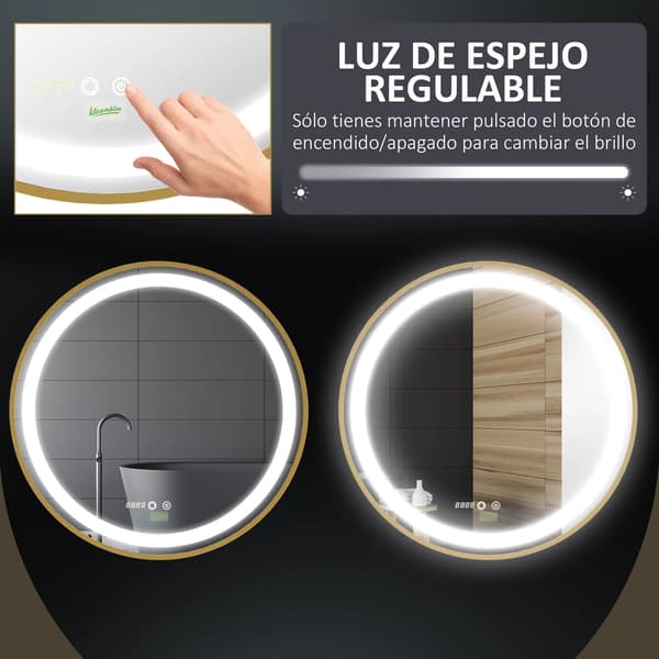Badrumsspegel, LED-lampa, Touch-kontakt, Guld