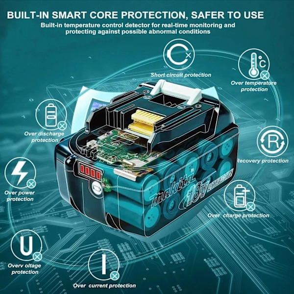 Vara-akku Makita 18V:lle, Li-Ion 6000mAh, Yhteensopiva BL1830 BL1840 BL1850B kanssa Battery battery