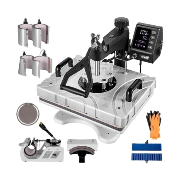 8/10 i 1 Varmepresse Maskine - 30x38 cm, 360° Svingbart Design, LCD Digital Skærm & Justerbar Trykknap 10-in-1 Black