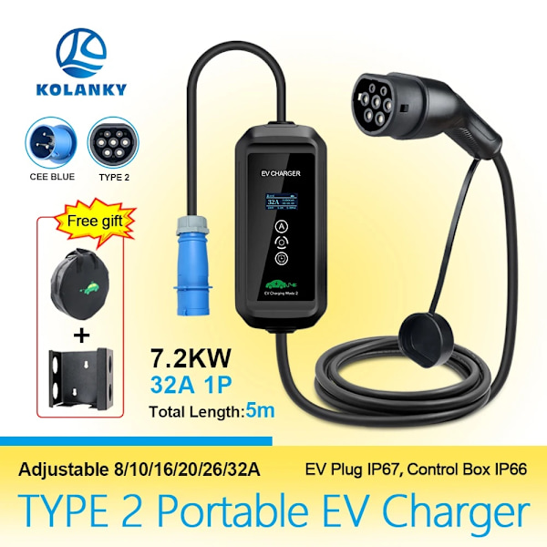 Bärbar 7KW Typ 2 EV-laddare, Justerbar Strömstyrka 32A, 5M Längd,Typ 2 7KW Type 2 7KW Type 2 7KW