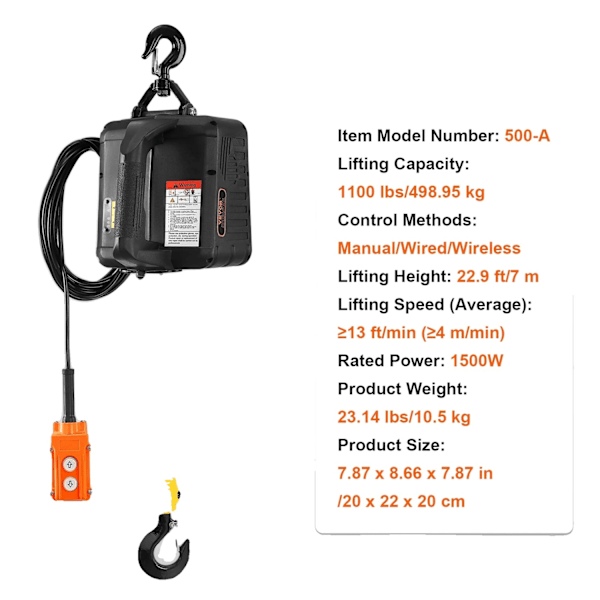 Bærbar elektrisk talje spil, 1100 lbs kapacitet, 1500W effekt,1. 1100 pund 1100lbs 1100lbs