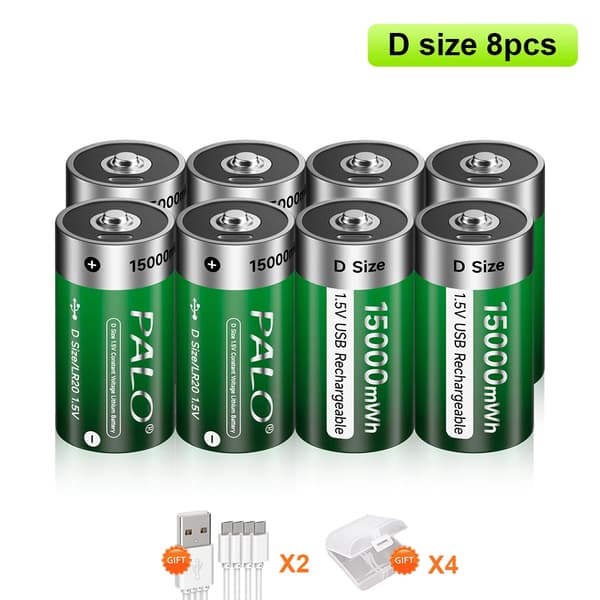 Uppladdningsbart D-storleksbatteri, USB-kabel laddning, Li-jonbatterier, 8ST Batteri