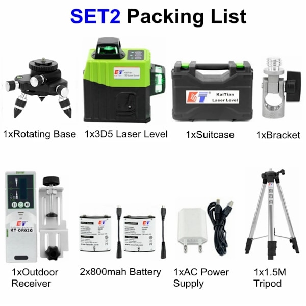 3D5 Laser Niveau, 12 Linjer, Selvnivellerende med 360-graders Rotation,Grøn Laser Stativ Green Laser Tripod Green Laser Tripod