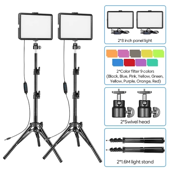 LED Video Light Kit, Dæmpbar Kontinuerlig Belysning, Justerbart Stativstativ, 16M Video lys kit 1.6M Video light kit 1.6M Video light kit