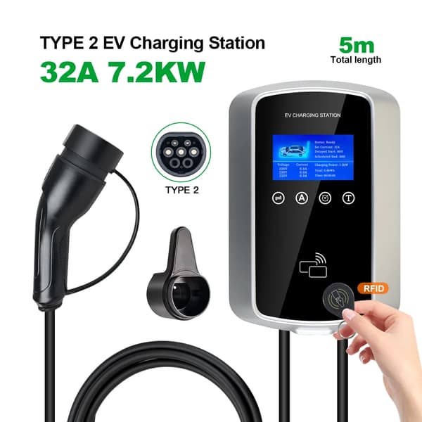 EV-laddstation, justerbar ström, 5 m längd,7.2KW, TYP2
