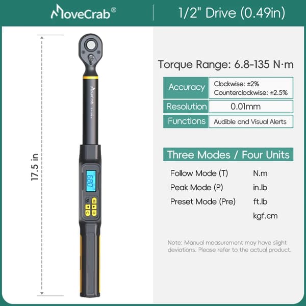 Digital Momentnøgle, ±2% Nøjagtighed, Baggrundsbelyst LED-display, 6.8-135N.m