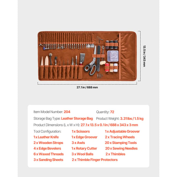 Läderarbetsverktyg, 61-delarsset, canvasförvaringsväska, 72PCS