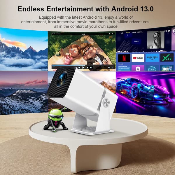 Mini projektor, 1080P opløsning, 11000 lumen lysstyrke, Android 13 system, Android-version