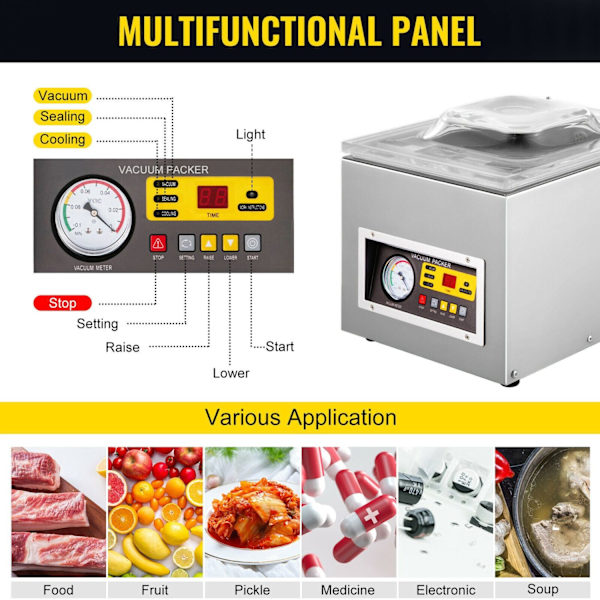 Livsmedels Vakuumförpackningsmaskin - 120W Vakuum Pump, Multifunktionell Kontrollpanel, Transparent Glaslock & Nödstopp-knapp