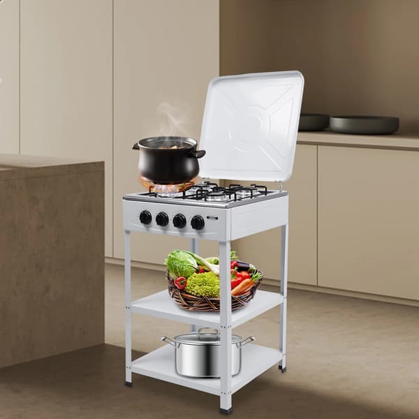4-brännare Gaskök, Rostfritt Stål, Bärbar Design, Vindskydd, VIT
