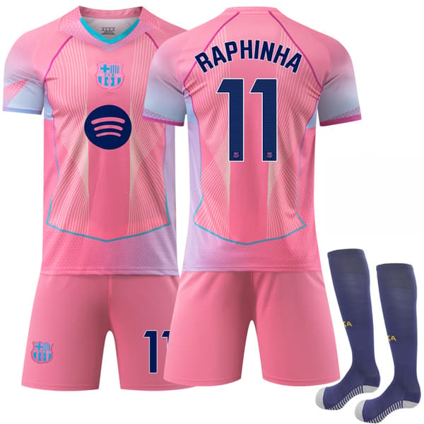25-26 Barcelona Pink Special Edition Trøje Børnefodboldudstyr NR.11 RAPHINHA Trøje Shorts Sæt Drengefodbolduniform Med Strømper 11 18