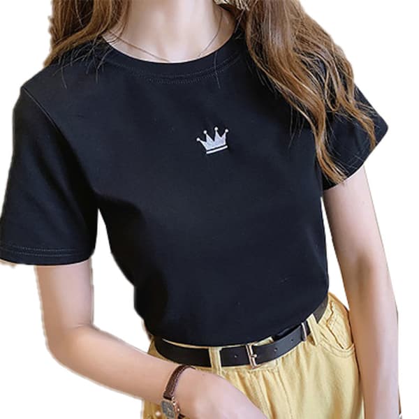 Sommar Dam T-shirt Slim Broderad Rund Hals Kortärmad Bas Topp Grey M