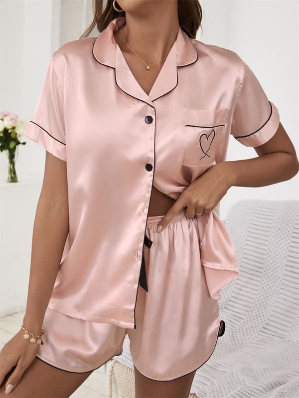 Pyjamasskjorta och shorts för kvinnor, 2-delat set sovdräkter, sommar hemma ledig bekväm sovkläder nattkläder rosa Pink M