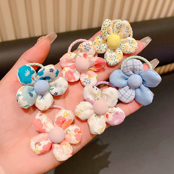 Tecknade blomhårscrunchies Elastiska hårband Hästsvanshållare för flickor Färgglada Scrunchy Hårrepband 6