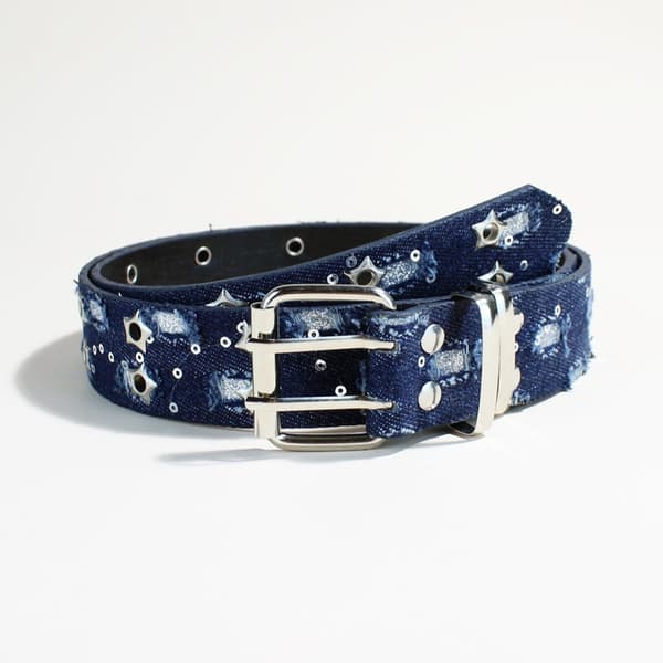 Punk Style Stjerne Dobbeltbrystet Bælte Denim Hiphop Udhulet Stift Spænde Bælte Deep Blue 105 CM