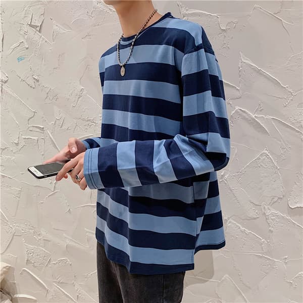 Stribet sweatshirt til mænd, rund hals, lange ærmer, afslappet løs pasform, top til unge mænd, modetøj White M