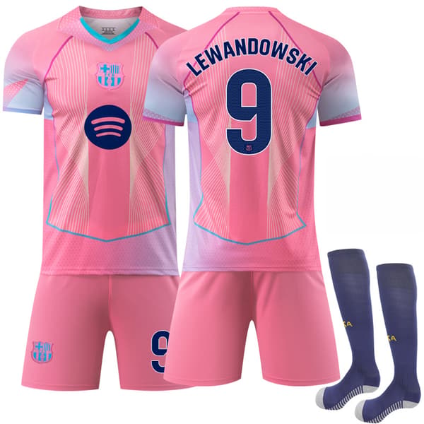 25-26 Barcelona Pink Special Edition Trøje Børnefodboldudstyr NR.9 LEWANDOWSKI Trøje Shorts Sæt Drengefodbolduniform Med Strømper 9 24