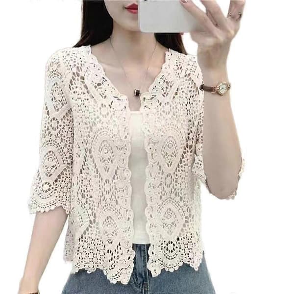 Damstickad spets-shrug Boho ihålig virkad blommig 3/4-ärmar öppen front kort kofta elegant nättröja överdrag white