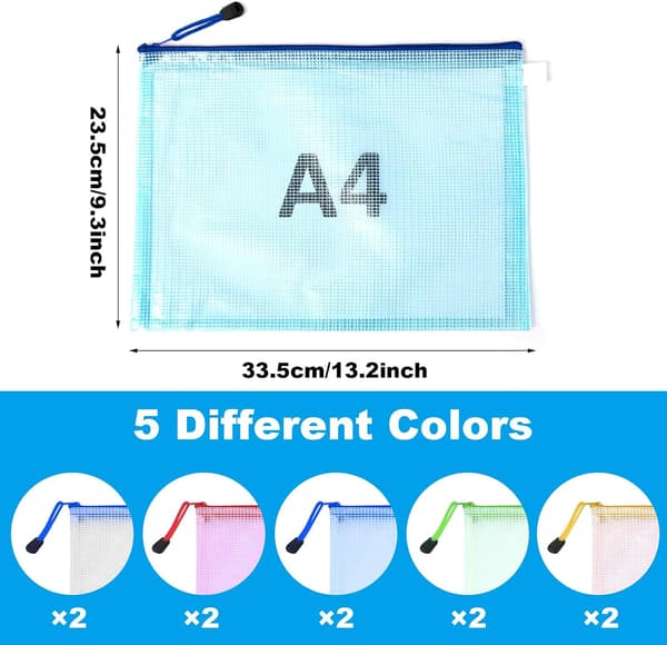 10 stk. 5 farver A4 dokumenttasker, dokumenttasker, A4 plastik lynlåsmappe til dokumenter, kvitteringer, skoleartikler, rejsetilbehør 10PCS/Set