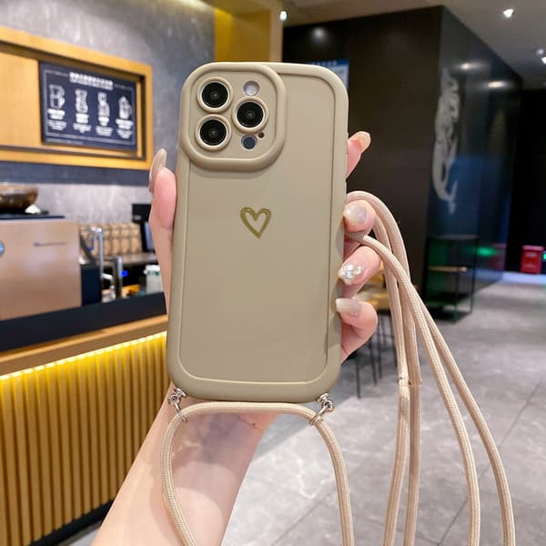 Med snodd kärlek telefonfodral för iPhone 16 15 14 13 12 11 Pro Max Crossbody silikon baksida Khaki iphone 13 pro