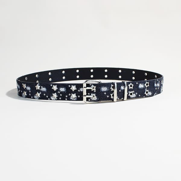 Punk Style Stjerne Dobbeltbrystet Bælte Denim Hiphop Udhulet Stift Spænde Bælte Black 105 CM